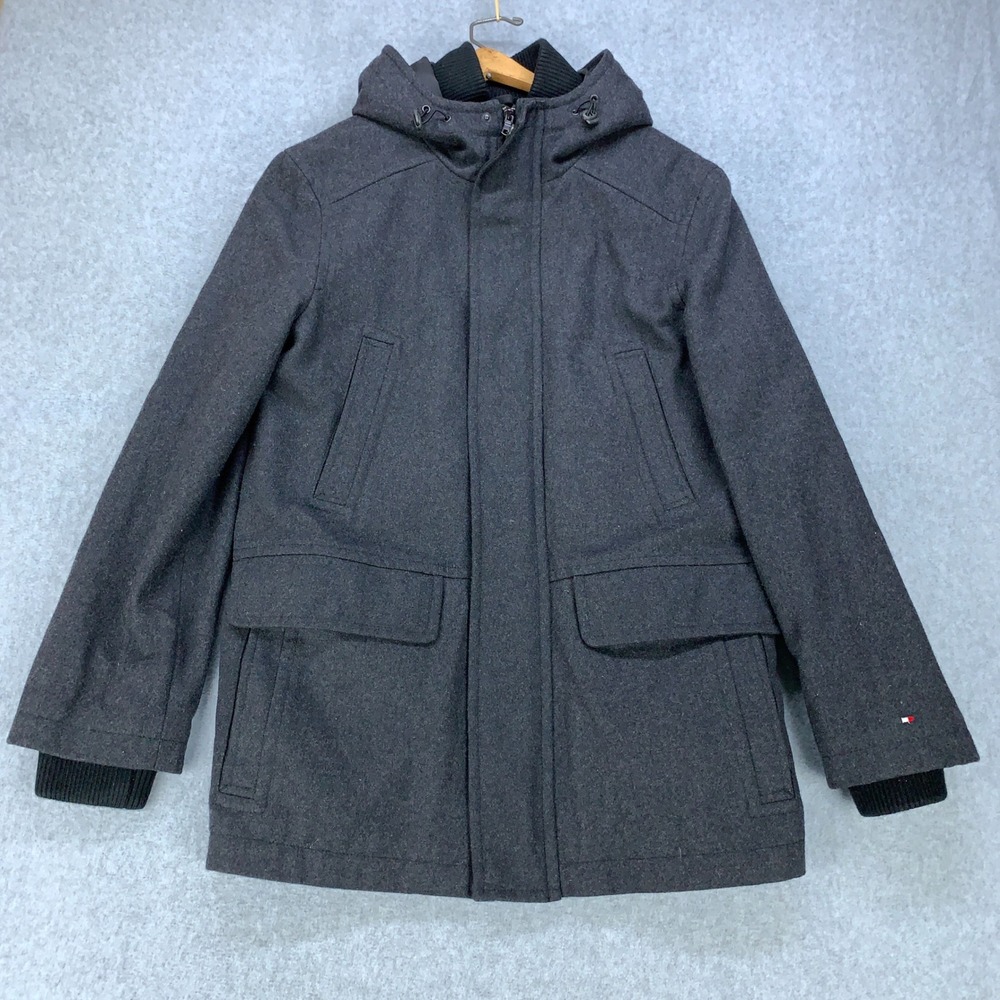 Tommy Hilfiger Hooded Parka Mens Small Gray Wool Blend Quilted Lined Coat
